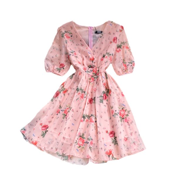Puff Sleeve Floral Chiffon Dress New V-neck Tight Waist Fairy Skirt Super Mori French First Love Skirt Summer - Image 6
