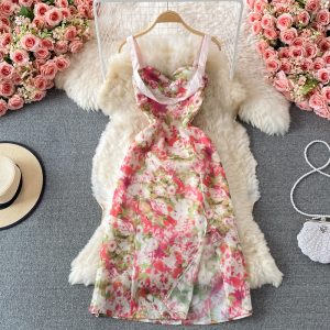 French Style Gentle Split Chiffon Floral Dress Seaside Vacation Skirt Summer Temperament Waist-Controlled Slimming Slip Dress