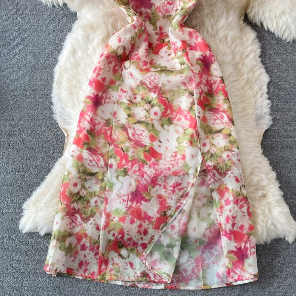 French Style Gentle Split Chiffon Floral Dress Seaside Vacation Skirt Summer Temperament Waist-Controlled Slimming Slip Dress - Image 4