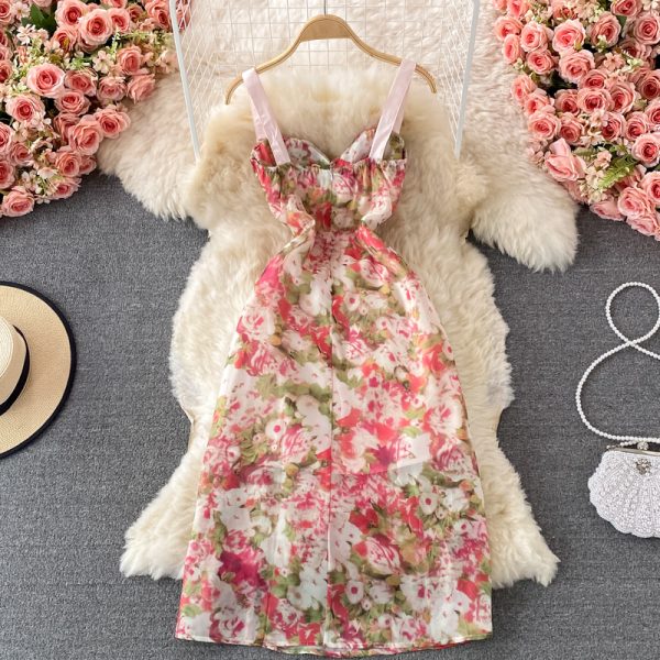 French Style Gentle Split Chiffon Floral Dress Seaside Vacation Skirt Summer Temperament Waist-Controlled Slimming Slip Dress - Image 5