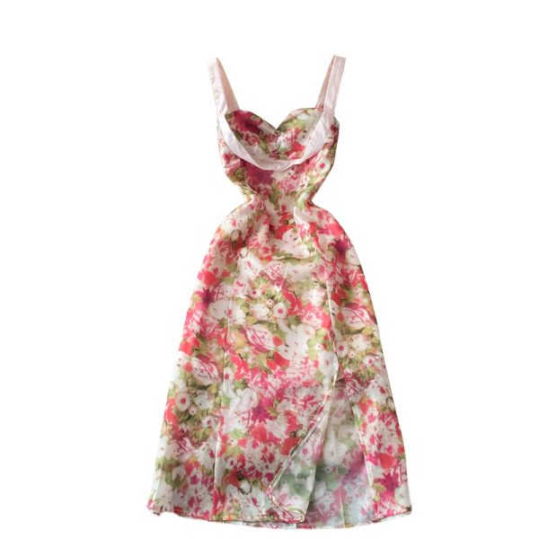 French Style Gentle Split Chiffon Floral Dress Seaside Vacation Skirt Summer Temperament Waist-Controlled Slimming Slip Dress - Image 6