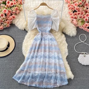 Summer New Tea Break French First Love Sweet Gentle Fresh Fairy Square Collar Puff Sleeve Lace Dress