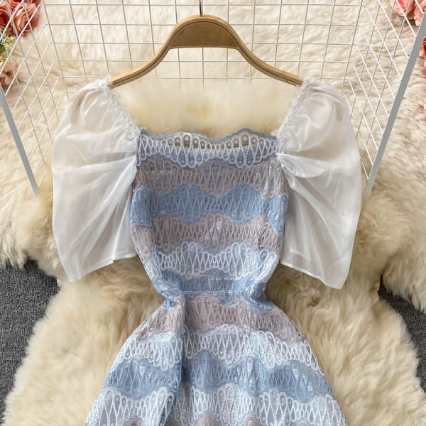 Summer New Tea Break French First Love Sweet Gentle Fresh Fairy Square Collar Puff Sleeve Lace Dress - Image 3