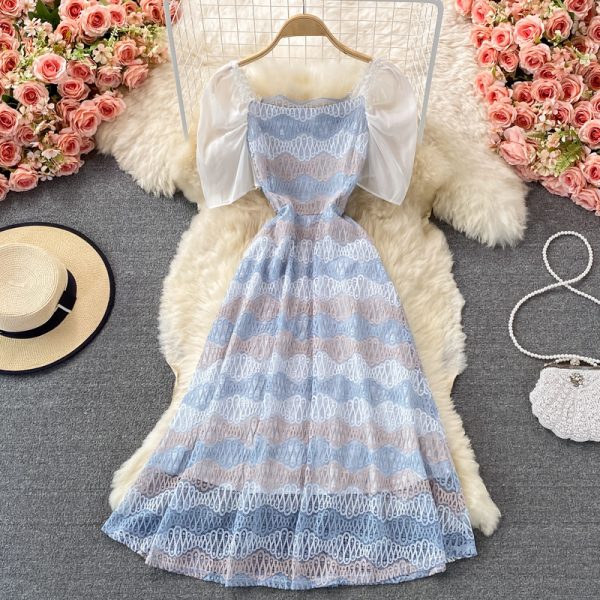 Summer New Tea Break French First Love Sweet Gentle Fresh Fairy Square Collar Puff Sleeve Lace Dress - Image 5