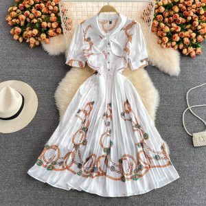 Summer Elegance Elegant Socialite Waist Slimming Printed Pleated Puffy Dress Short Sleeve High-End Dress