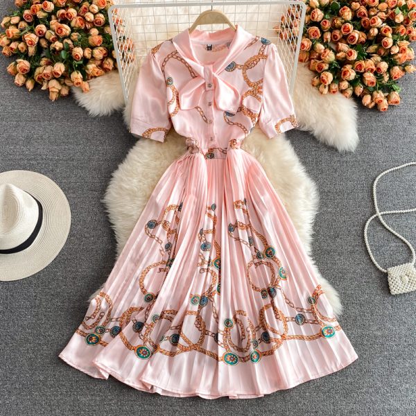Summer Elegance Elegant Socialite Waist Slimming Printed Pleated Puffy Dress Short Sleeve High-End Dress - Image 3