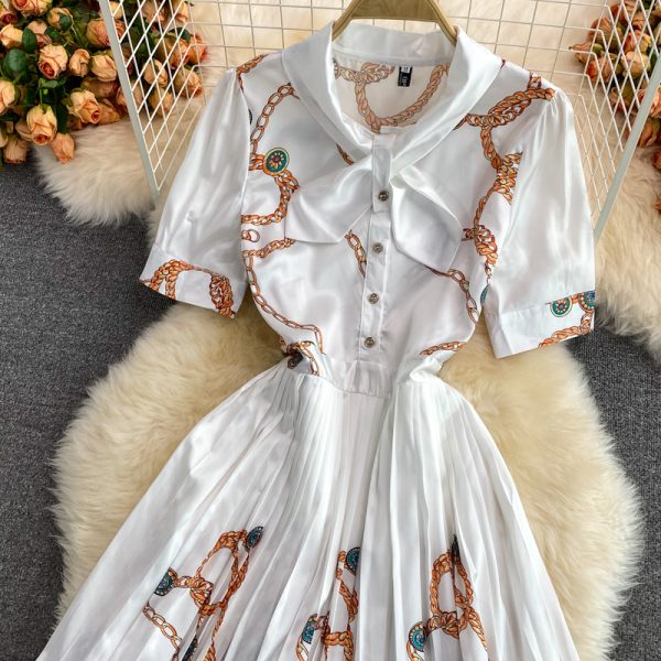 Summer Elegance Elegant Socialite Waist Slimming Printed Pleated Puffy Dress Short Sleeve High-End Dress - Image 4