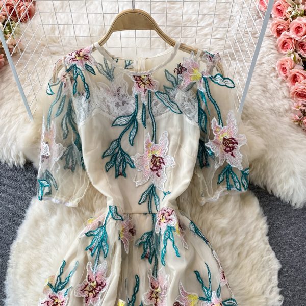 summer new European and American high-end temperament mesh embroidered high waist slim round neck dress - Image 3
