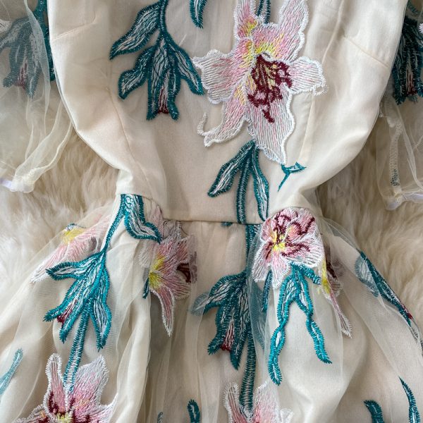 summer new European and American high-end temperament mesh embroidered high waist slim round neck dress - Image 4