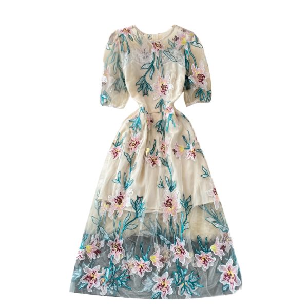 summer new European and American high-end temperament mesh embroidered high waist slim round neck dress - Image 6