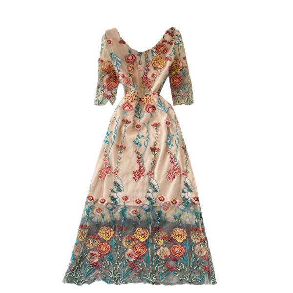 Summer New Women’s Fairy Dress Heavy-Duty Tight Waist Embroidered Flower Mesh V-neck High Waist Dress 3/4 Sleeve - Image 6