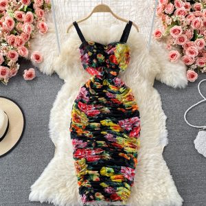 Summer Retro Women’s Slip Dress Stretch Slim Fit Mesh Floral Print Tube Top Package Hip Long Dress