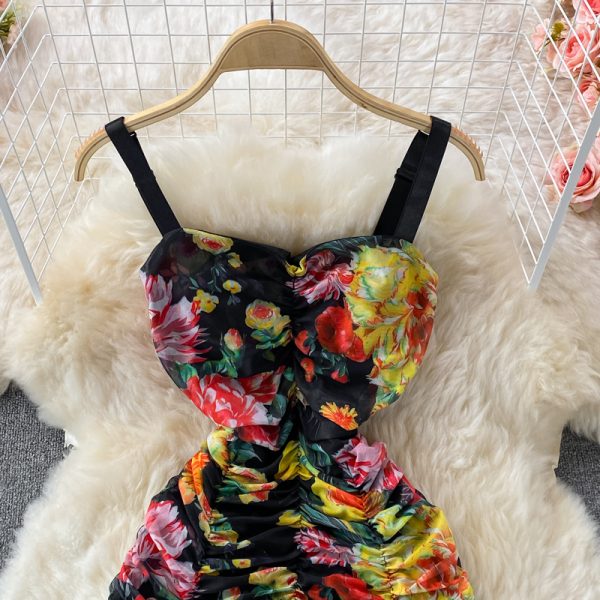 Summer Retro Women’s Slip Dress Stretch Slim Fit Mesh Floral Print Tube Top Package Hip Long Dress - Image 3