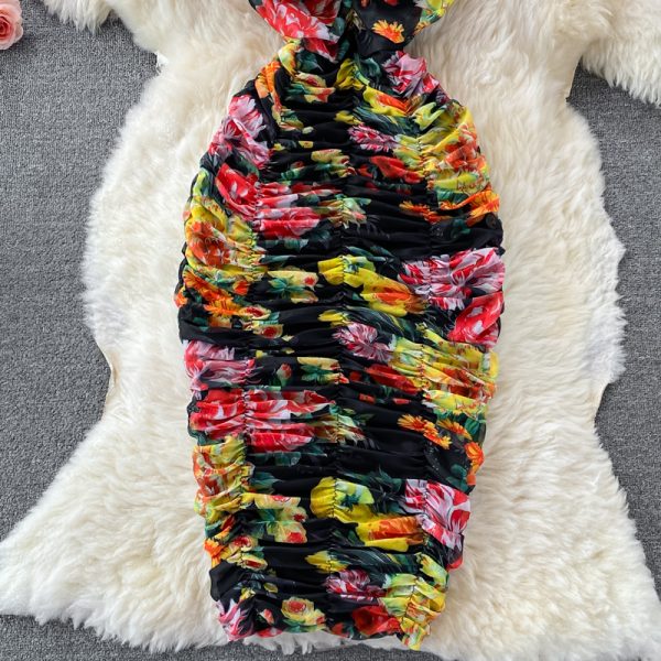 Summer Retro Women’s Slip Dress Stretch Slim Fit Mesh Floral Print Tube Top Package Hip Long Dress - Image 4