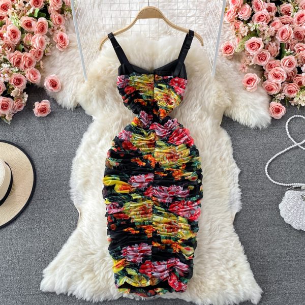 Summer Retro Women’s Slip Dress Stretch Slim Fit Mesh Floral Print Tube Top Package Hip Long Dress - Image 5