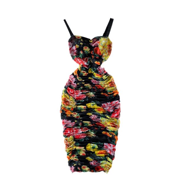 Summer Retro Women’s Slip Dress Stretch Slim Fit Mesh Floral Print Tube Top Package Hip Long Dress - Image 6