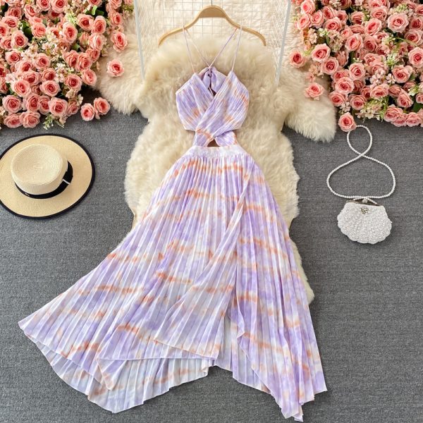 Bohemian Seaside Holiday Beach Dress Cutout Sling Skirt Ruffled Irregular Tie-Dyed Pleated Dress - Image 2