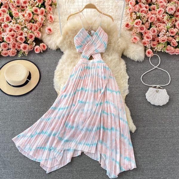 Bohemian Seaside Holiday Beach Dress Cutout Sling Skirt Ruffled Irregular Tie-Dyed Pleated Dress - Image 3