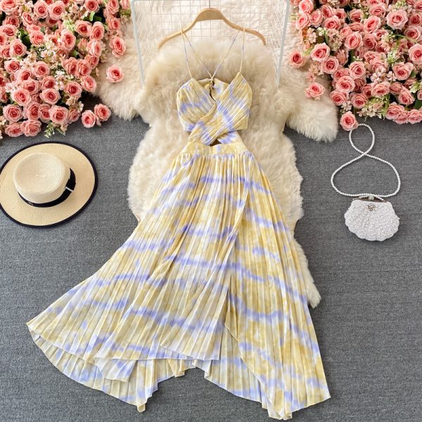 Bohemian Seaside Holiday Beach Dress Cutout Sling Skirt Ruffled Irregular Tie-Dyed Pleated Dress - Image 4