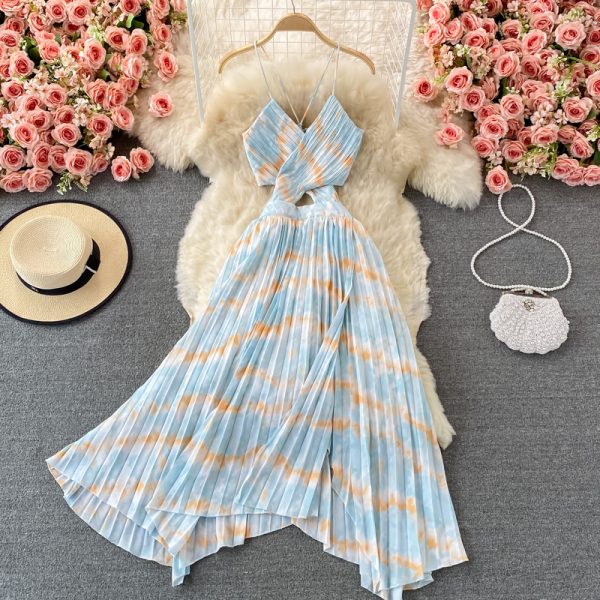 Bohemian Seaside Holiday Beach Dress Cutout Sling Skirt Ruffled Irregular Tie-Dyed Pleated Dress - Image 5