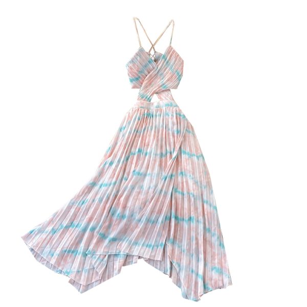 Bohemian Seaside Holiday Beach Dress Cutout Sling Skirt Ruffled Irregular Tie-Dyed Pleated Dress - Image 6