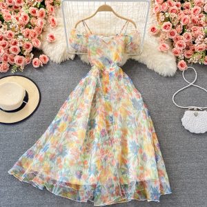 French Style Retro Gentle Style Strap Dress Summer New Super Fairy Sweet Puff Sleeve Floral Strapless Long Dress for Women
