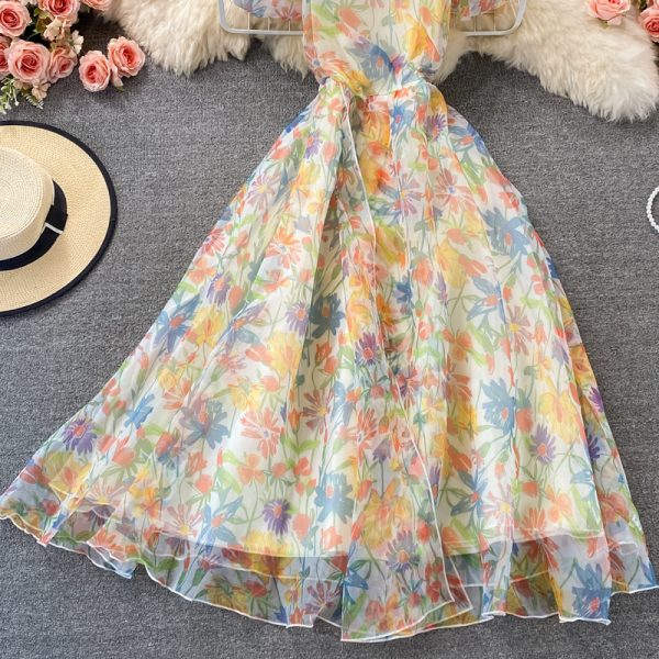 French Style Retro Gentle Style Strap Dress Summer New Super Fairy Sweet Puff Sleeve Floral Strapless Long Dress for Women - Image 4