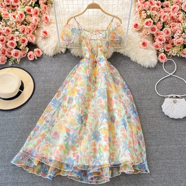 French Style Retro Gentle Style Strap Dress Summer New Super Fairy Sweet Puff Sleeve Floral Strapless Long Dress for Women - Image 5