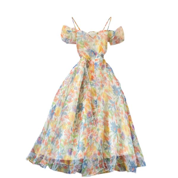 French Style Retro Gentle Style Strap Dress Summer New Super Fairy Sweet Puff Sleeve Floral Strapless Long Dress for Women - Image 6