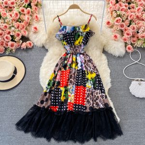 Vacation Style Sweet Lotus Leaf Printed Suspender Dress Summer New Fashion Waist-Controlled Lace Trim Large Swing Dress