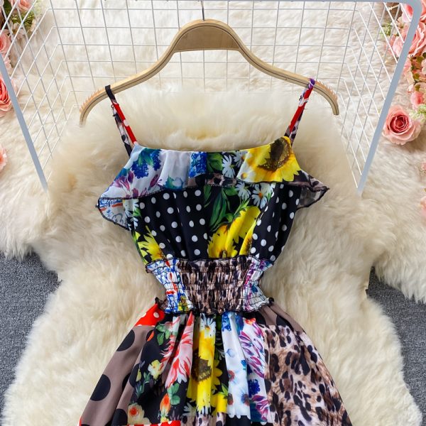 Vacation Style Sweet Lotus Leaf Printed Suspender Dress Summer New Fashion Waist-Controlled Lace Trim Large Swing Dress - Image 3