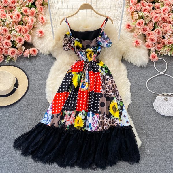 Vacation Style Sweet Lotus Leaf Printed Suspender Dress Summer New Fashion Waist-Controlled Lace Trim Large Swing Dress - Image 5