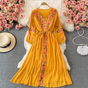 Ethnic Style V-neck Embroidery Dress Long Sleeve Travel Seaside Vacation Beach Skirt Waist-Tight Slimming Large Hem Long Skirt