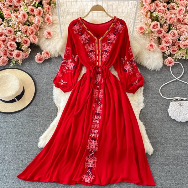 Ethnic Style V-neck Embroidery Dress Long Sleeve Travel Seaside Vacation Beach Skirt Waist-Tight Slimming Large Hem Long Skirt - Image 3