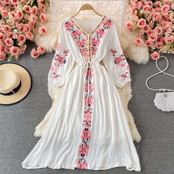 Ethnic Style V-neck Embroidery Dress Long Sleeve Travel Seaside Vacation Beach Skirt Waist-Tight Slimming Large Hem Long Skirt - Image 4