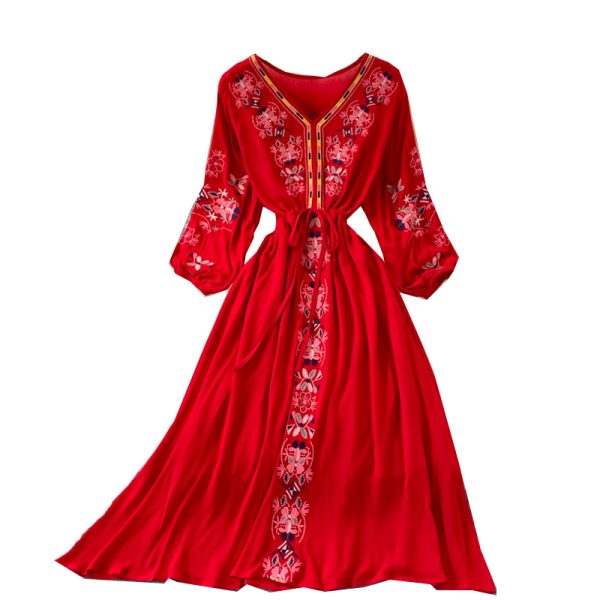 Ethnic Style V-neck Embroidery Dress Long Sleeve Travel Seaside Vacation Beach Skirt Waist-Tight Slimming Large Hem Long Skirt - Image 6