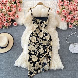 Summer New Elegant Waist Slimming Elegant Backless Suspender Skirt Irregular Side Slit Dress