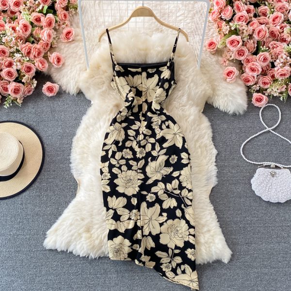 Summer New Elegant Waist Slimming Elegant Backless Suspender Skirt Irregular Side Slit Dress - Image 5