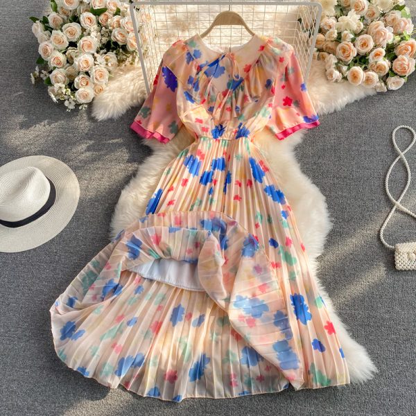 Summer New French Style Retro Kikyo First Love Super Mori Tight Waist Slim round Neck Chiffon Pleated Dress - Image 4