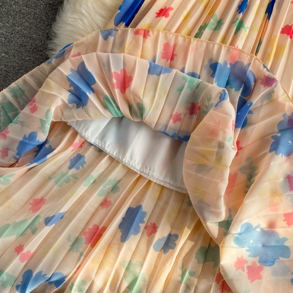 Summer New French Style Retro Kikyo First Love Super Mori Tight Waist Slim round Neck Chiffon Pleated Dress - Image 5
