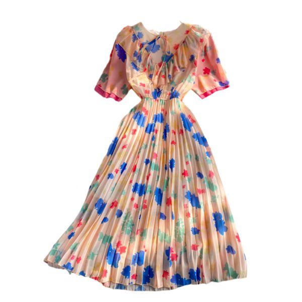 Summer New French Style Retro Kikyo First Love Super Mori Tight Waist Slim round Neck Chiffon Pleated Dress - Image 6