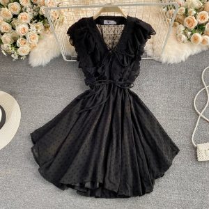 Small Chiffon Dress For Women Summer Ruffled V-neck Sleeveless Slim Fit Waist-Controlled Slimming First Love Vintage Skirt
