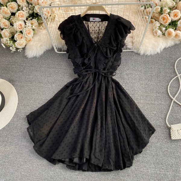 Small Chiffon Dress For Women Summer Ruffled V-neck Sleeveless Slim Fit Waist-Controlled Slimming First Love Vintage Skirt - Image 2