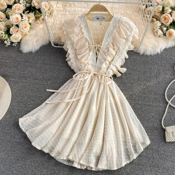 Small Chiffon Dress For Women Summer Ruffled V-neck Sleeveless Slim Fit Waist-Controlled Slimming First Love Vintage Skirt - Image 3