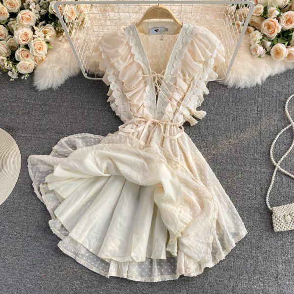 Small Chiffon Dress For Women Summer Ruffled V-neck Sleeveless Slim Fit Waist-Controlled Slimming First Love Vintage Skirt - Image 5