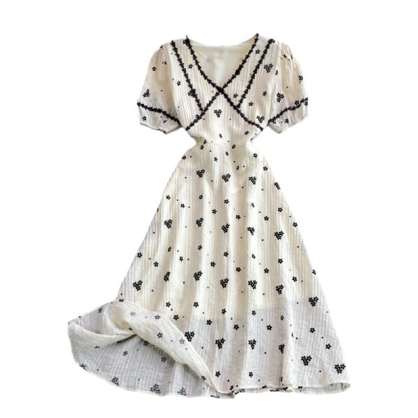 Lightly Mature Floral Dress Women’s Summer French First Love Tea Break Skirt Gentle Temperament White V-Collar Dress - Image 6