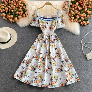 Summer New Elegant Socialite Bubble Sleeve Tight Waist A- line Skirt Mid-Length Square Collar Floral Dress Short Sleeve