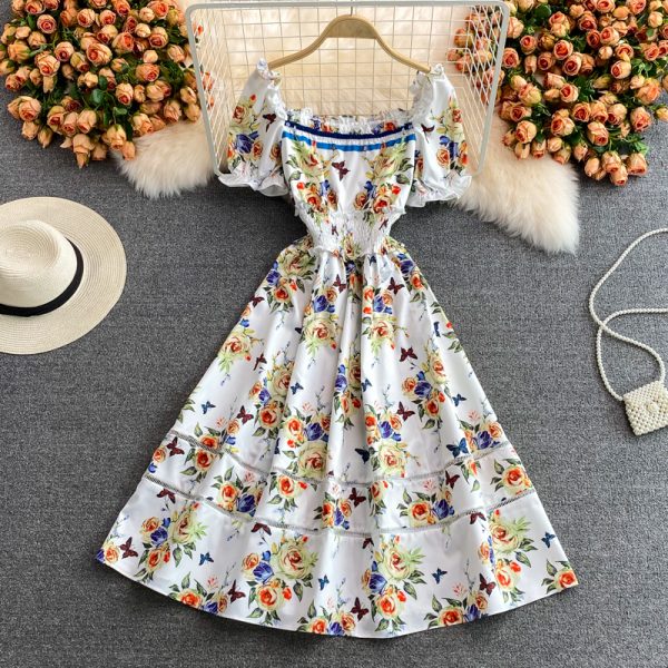 Summer New Elegant Socialite Bubble Sleeve Tight Waist A- line Skirt Mid-Length Square Collar Floral Dress Short Sleeve
