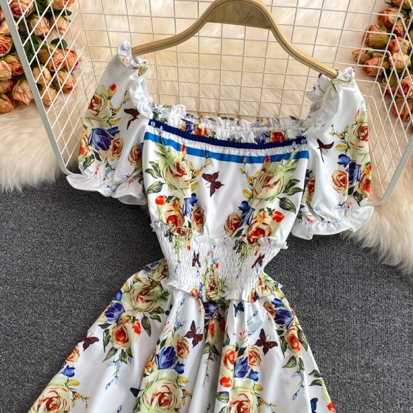 Summer New Elegant Socialite Bubble Sleeve Tight Waist A- line Skirt Mid-Length Square Collar Floral Dress Short Sleeve - Image 3