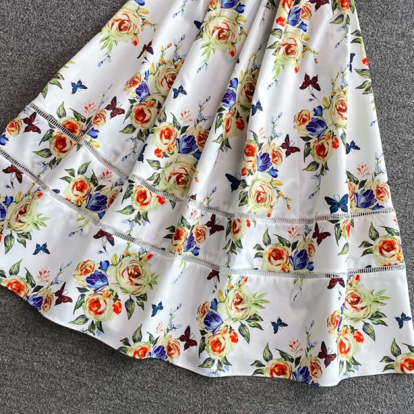 Summer New Elegant Socialite Bubble Sleeve Tight Waist A- line Skirt Mid-Length Square Collar Floral Dress Short Sleeve - Image 4